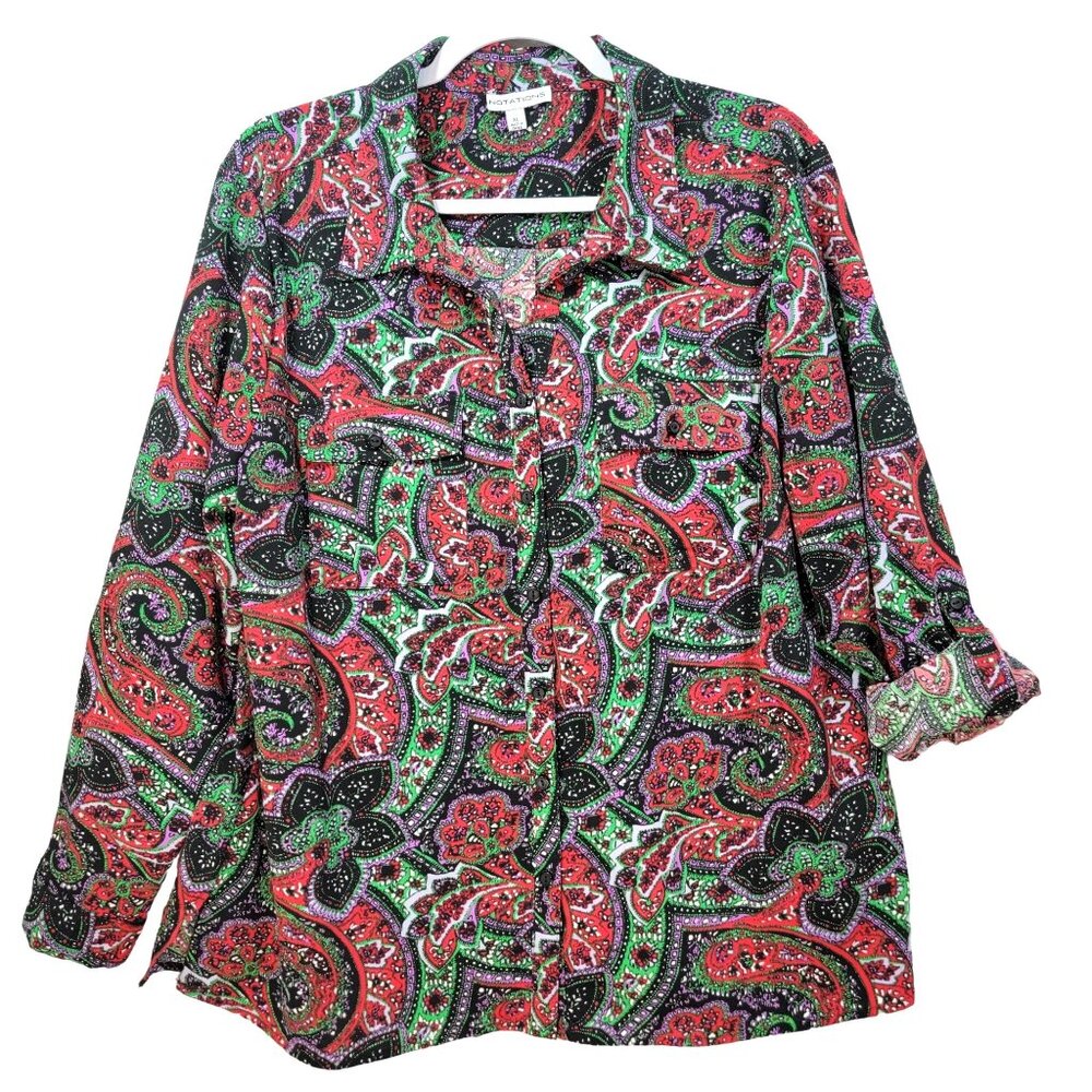 Notations‎ Blouse Womens XL Multicolor Paisley Pockets Colorful Mixed Print